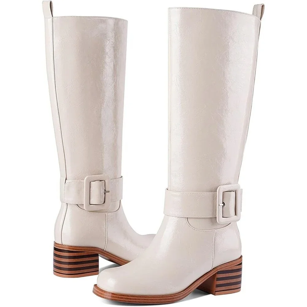Women's B-beige Round Toe Wide Calf Chunky Low Heel Pull Knee High Boots Rubber